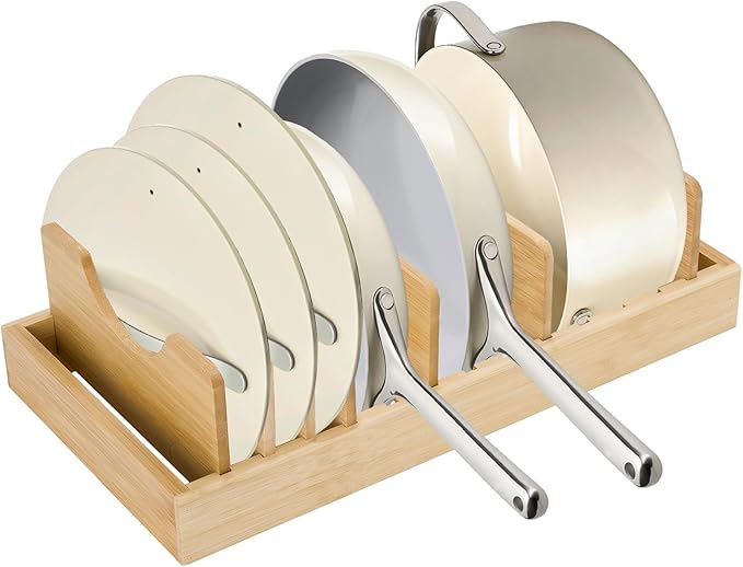 Pan Organizer Compatible with Caraway, Pots and Pans Organizer Under Cabinet, Bamboo Pot Lid Organizers with Adjustable Dividers, U-Shaped Lid Slots, Ideal for Kitchen Countertop and Cabinet Storage