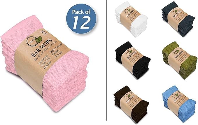 Softolle Bar Mop Towels, Pack of 12-16x19 Inches - 100% Cotton Super Absorbent Towels, Multi-Purpose for Home and Bar Cleaning (Pink)