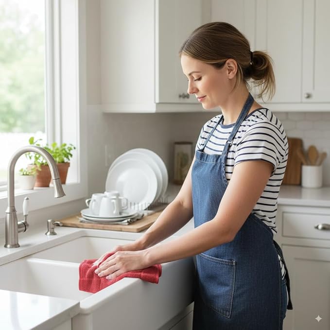 100% Cotton Terry Dish Cloth & Dish Towel, 8 Pack, Super Soft and Absorbent Kitchen Towels, Perfect for Kitchen Cleaning and Dish Washing (RED (Solid and Checks) 8 Pack)