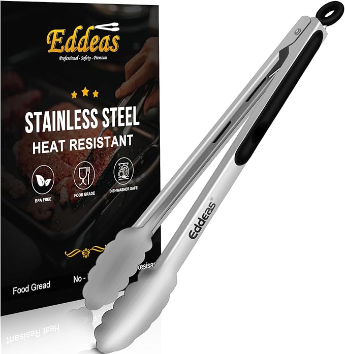 Eddeas Kitchen Tongs - 12 inch Heavy Duty Food Tongs, Ergonomic Grip,Superior Stainless Steel and Non-Slip Heat Resistant handle - Perfect for Cooking, Salad, Grilling, Barbecue,Dishwasher safe