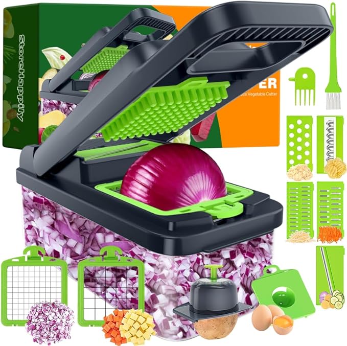 StoreHappily 12-in-1 Vegetable Chopper, 7 Blades Veggie Chopper with Container and Lid, Dicer, Slicer, Multifunctional Kitchen Gadgets, Vegetable Cutter with Handle, Onion Cutter(Green/Grey)