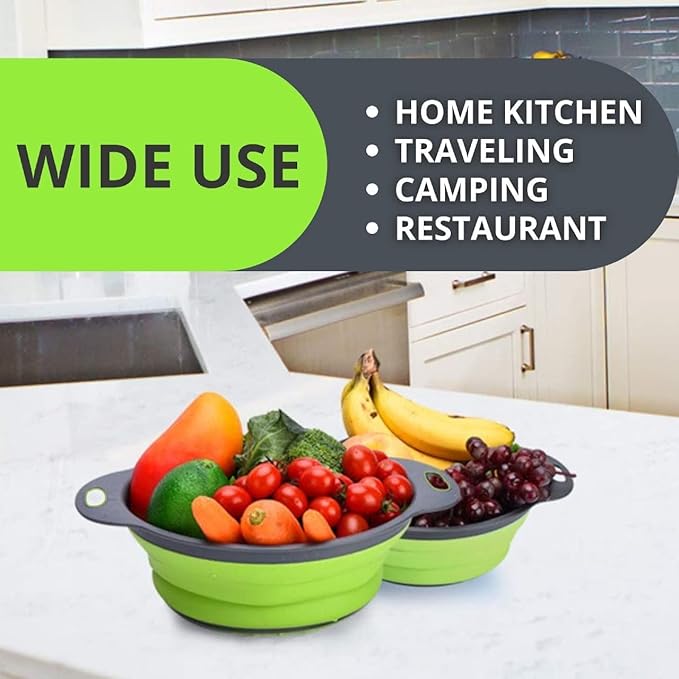 Green Round Silicone Collapsible Colander – Silicone Round Small Kitchen Strainers with Plastic Handles Foldable Kitchen Strainer Perfect for Draining Pasta Vegetable and Fruit