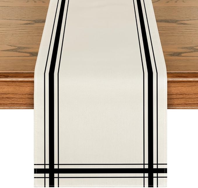Artoid Mode Black Simple French Stripe Table Runner, Seasonal Spring Summer Kitchen Dining Table Decoration for Home Party Decor 13x72 Inch