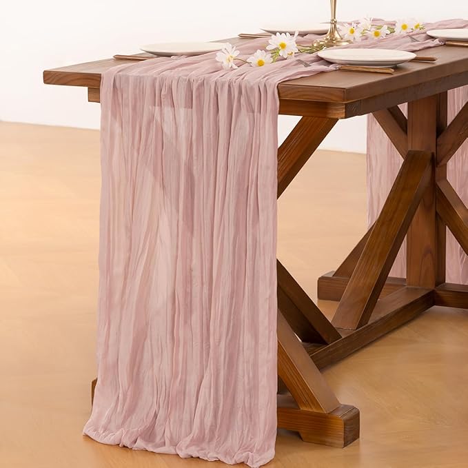 Socomi 3pcs Pink Cheesecloth Table Runner Easter Spring Boho Rustic Gauze Dusty Pink Farmhouse 120 inch 10FT Cheese Cloth Runner for Wedding Party Baby Shower Birthday Home Decor