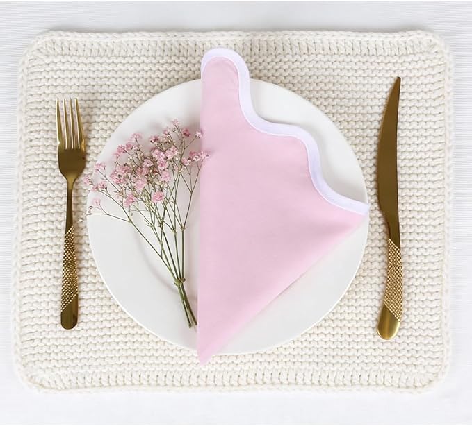 Scallop Linen Napkins Set of 8-Linen Blended Napkins,Pink and White Dinner Napkins Cloth 17 Inch - Giselle Scallop Edge, Handcrafted and Machine Washable - Easter, Spring