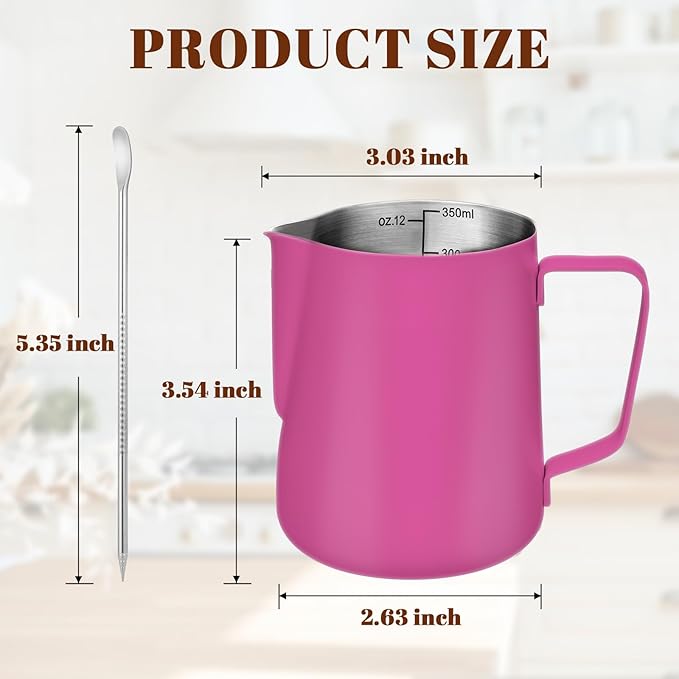 Amrules Milk Frothing Pitcher, 12 oz Milk Frother Cup with Clear Scale, 304 Stainless Steel Cappuccino Espresso Machine Accessories for Barista Coffee Bar with Latte Art Pen, Rose Red