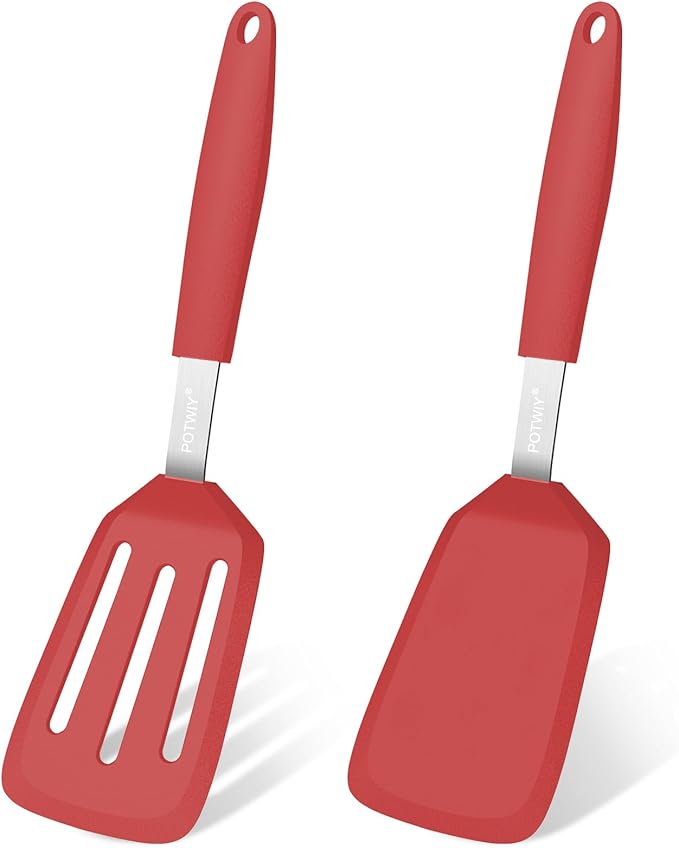 2 Pack Silicone Spatula Set, 600°F Heat Resistant Kitchen Spatula, BPA Free Solid & Slotted Turner, Flexible Cooking Utensils for Non Stick Frying Pan, Flipper for Eggs and Pancakes (Red)