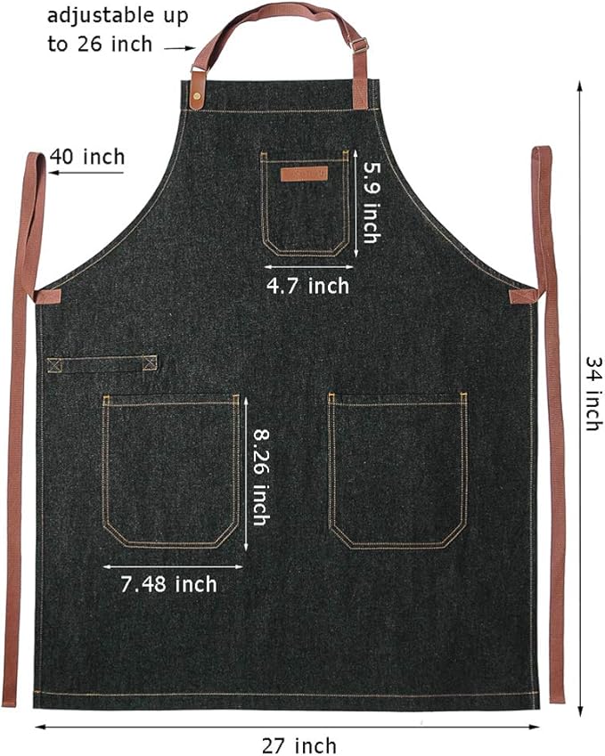 Denim Chef Apron with Pockets, Mens Womens Professional Kitchen Bib Black Apron for Cooking Grill BBQ Server, with Towel Loop and Adjustable Neck Straps