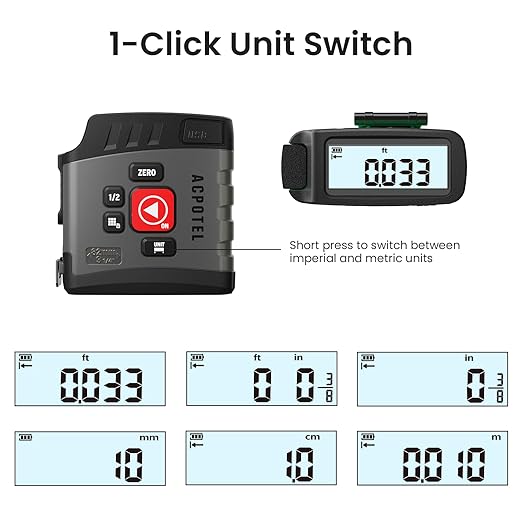 Digital Tape Measure 16 Ft - 6 Metric and Imperial Units, Easy Read Digital Measuring Tape Retractable with Fractions 1/16, Rechargeable Measurement Tool, for Distance/Area/Volume, Gray