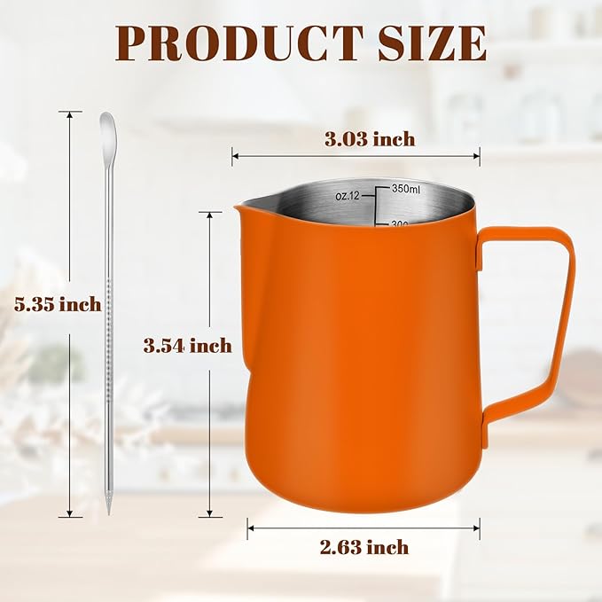 Amrules Milk Frothing Pitcher, 12 oz Milk Frother Cup with Clear Scale, 304 Stainless Steel Cappuccino Espresso Machine Accessories for Barista Coffee Bar with Latte Art Pen, Orange