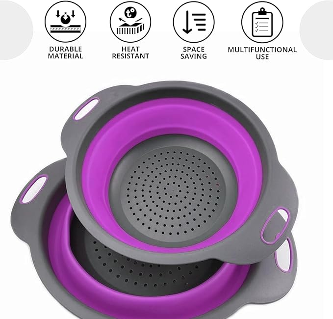 Purple Foldable Food Strainer for Kitchen - Small Collapsible Colander for Spaghetti and Pasta Multifunctional Silicone Strainer for Camping