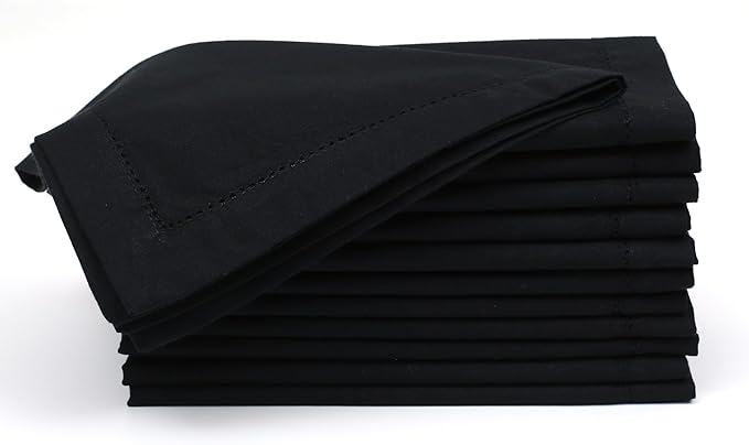 Hemstitched Cotton Napkins - Set of 12, 18x18 Inch - Black, Perfect for Christmas Dinner or Everyday Use