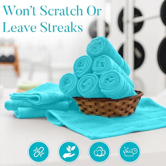 DAN RIVER 12-Pack Premium 100% Cotton Aqua Face Towels for Bathroom - Reusable Face Wash Cloths for Showering 12x12 Inches - 550 GSM Super Soft & Absorbent Luxury WashCloths for Body, Spa & Gym