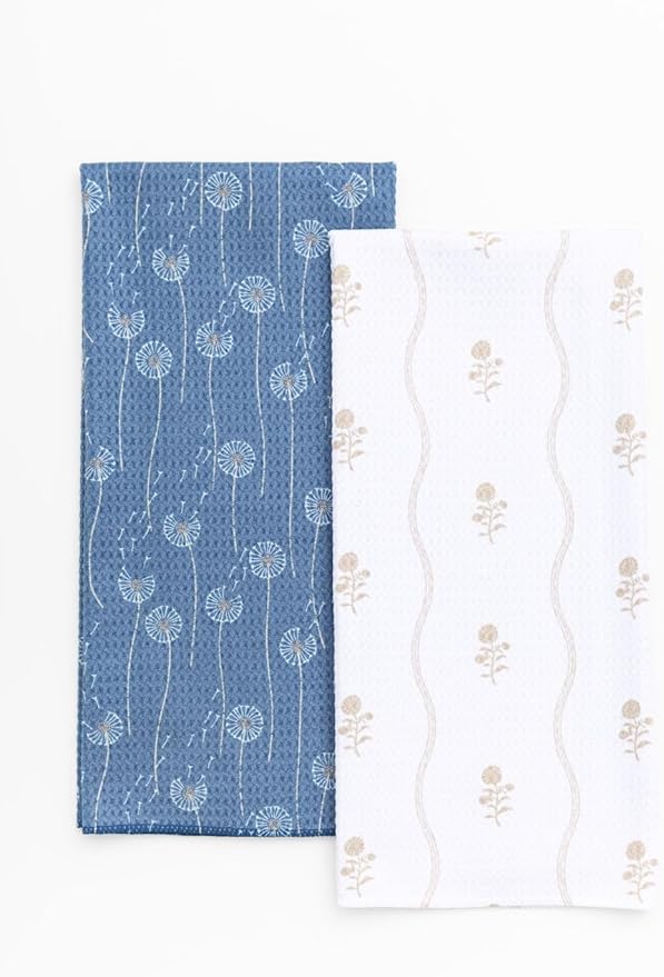 Premium Kitchen Tea Towel | Microfiber Waffle Weave | Quick Dry | Super Absorbent | Double-Sided Designer Prints | 2 Pack (Navy Dandelion)