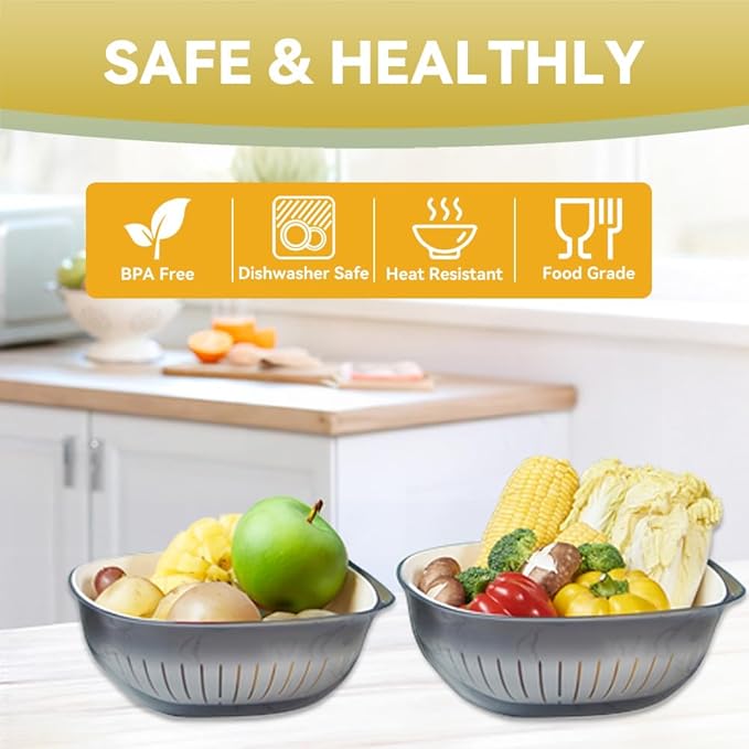 Colander Bowl Set of 2, Nesting Large Capacity Plastic Food Strainer for Pasta, Vegetables and Fruits Washing Draining Basket, Space Saving, BPA Free