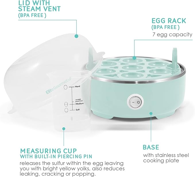 Elite Gourmet EGC115M Easy Egg Cooker Electric 7-Egg Capacity, Soft, Medium, Hard-Boiled Egg Cooker with Auto Shut-Off, Measuring Cup Included, BPA Free, Retro Mint