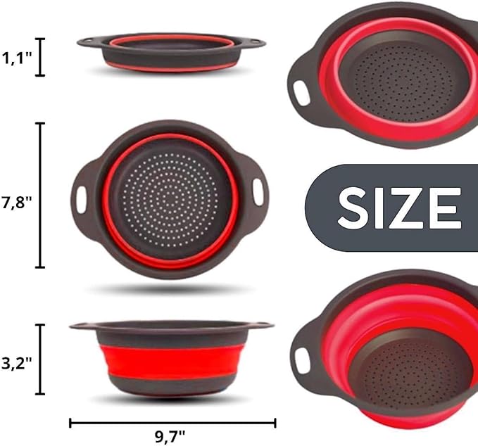 Red Round Silicone Collapsible Colander – Silicone Round Kitchen Strainers with Plastic Handles Foldable Kitchen Strainer Small Perfect for Draining Pasta Vegetable and Fruit