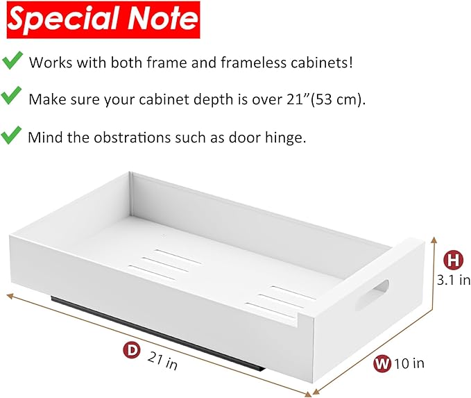 HBL' 1 Pack | 21" Deep Pull Out Cabinet Organizer Adhesive, 10-Inch Wide Sturdy Carbon Steel Roll-Out Drawers, Designed for Frameless Cabinets, Slide-Out Shelves for Pantry.