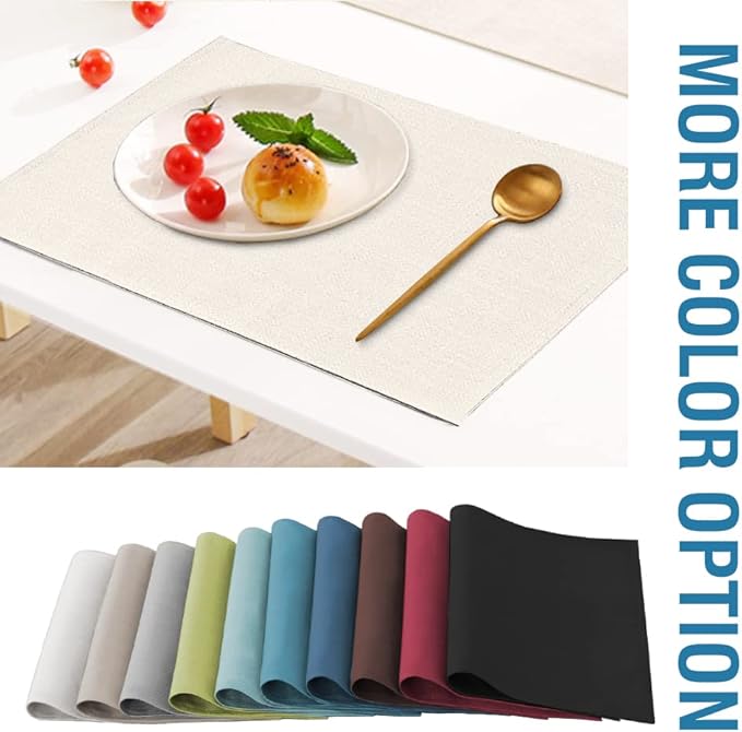 H.VERSAILTEX Linen Placemats Set of 4 Premium Solid Table Placemats for Dining Table Spill-Proof Waterproof Table Mats Heat-Resistant Kitchen Table Mats Washable, 12x18 inches, Ivory