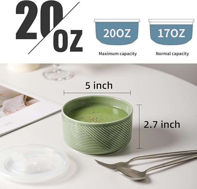 Ceramic Bowls with Lids: 20 oz Microwave Safe Food Storage Containers for Soup, Salad, Cereal, Leftovers, Meal Prep, Lunch, Picnic, Camping, Serving - Airtight, Green, Set of 6