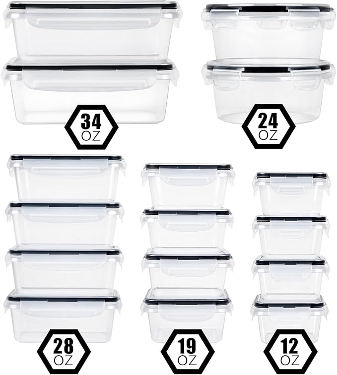 FOOYOO 32 Piece Food Storage Container with Lids (16 Containers + 16 Lids) - Plastic Food Containers with Lid, Airtight Leak Proof Snap Lock, BPA Free Storage Containers