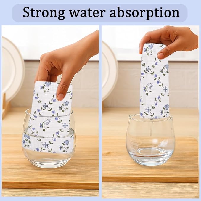 Ridhi Powder Blue Hand Block Print Cotton Waffle Dish Cloth Set of 12-12x12 Inch Super Absorbent, Soft, Reusable Kitchen Towels for Dish Drying Cleaning, Ideal for Spring, Easter, Valentine