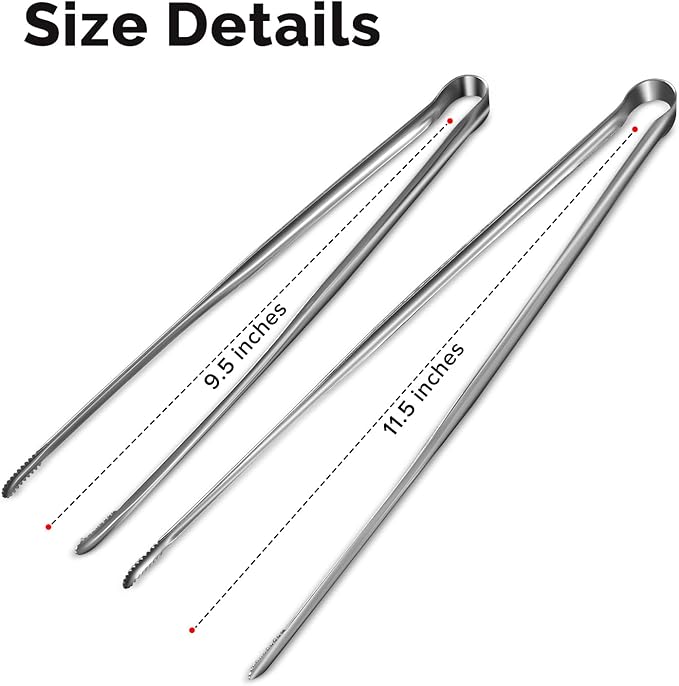 Precision Serrated Non-Slip Tips Cooking Tongs 2 Set (9.5" & 11.5"), One-Piece 18/8 Stainless Steel Metal Tongs, Easily Control Kitchen Tweezer, Multi-Purpose Korean Tong