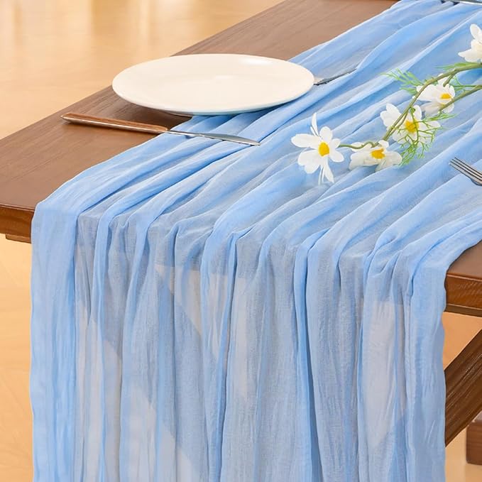 Socomi 10pcs Blue Valentine's Day Cheesecloth Table Runner Light Blue Boho Rustic Gauze 120 inch 10FT Cheese Cloth Runner for Wedding Party Baby Shower Birthday Home Decor Holiday Decorations
