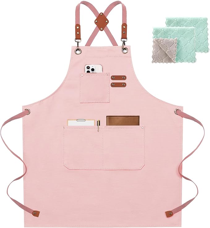 ZOMAO Chef Apron for Women Men with Large Pockets, Cotton Canvas Cross Back Waterproof Work Aprons for Kitchen Cooking Bib
