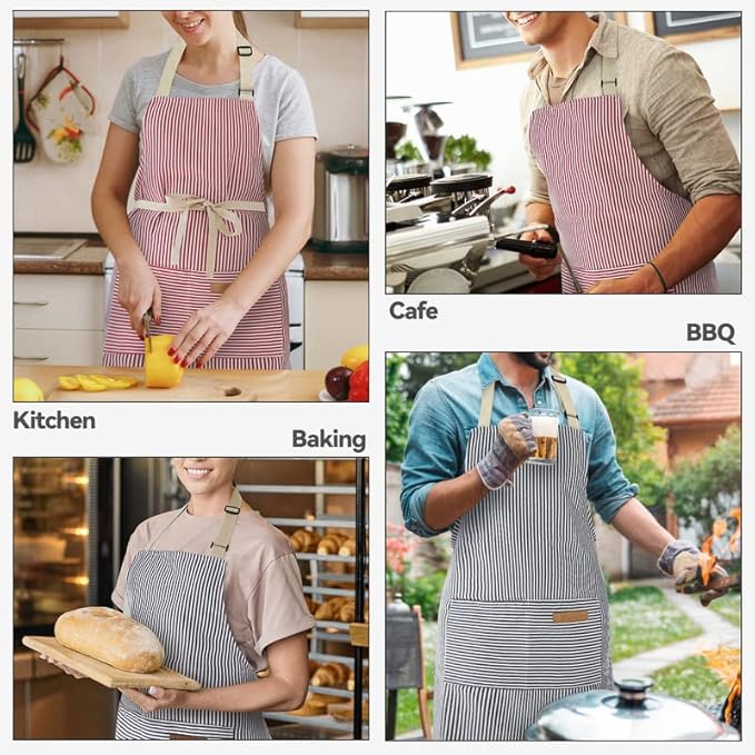 NLUS 2 Pack Kitchen Cooking Aprons, Adjustable Bib Soft Chef Apron with 2 Pockets for Men Women (Blue Pinstripes/Pink Pinstripes)