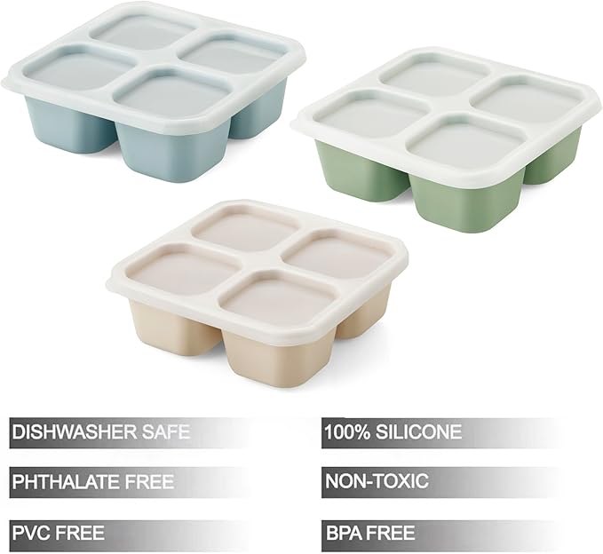 PandaEar 3 Pack Snack Containers, 4 Compartment Silicone Bento Lunch Snack Box with Lids, Reusable Divided Meal Snack Containers for Adults Kids Toddler, Food Storage Containers for School Work Travel