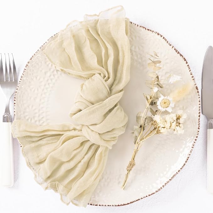 DeZerlor 30 Pack Beige Cheesecloth Napkins Christmas Cloth Napkins Set of 30 Cream Holiday Dinner Napkins Bulk 21x21 Inches for Wedding Bridal Shower Baby Shower Xmas Parties