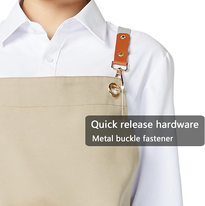 KITCHIEF Pottery Apron Split Leg,Cross Back Chef Apron with Pockets,Painting Apron with Adjustable Straps for Cooking,Baking,BBQ,Ceramic,Gardening(Khaki)