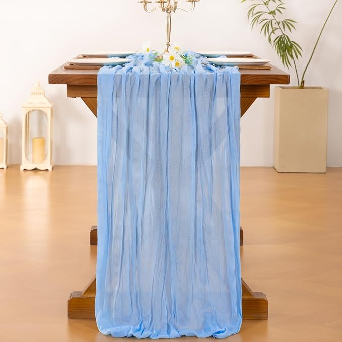Socomi 2pcs Light Blue Cheesecloth Table Runner Easter Spring Boho Rustic Gauze 120 inch 10FT Cheese Cloth Runner for Wedding Party Baby Shower Birthday Home Decor Holiday Decorations