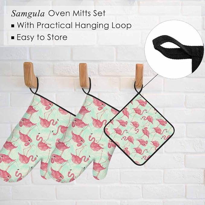 Pink Flamingo Oven Mitts and Pot Holders Sets Palm Leaves Tropical Animal Heat Resistant 3pcs for Cooking Baking BBQ