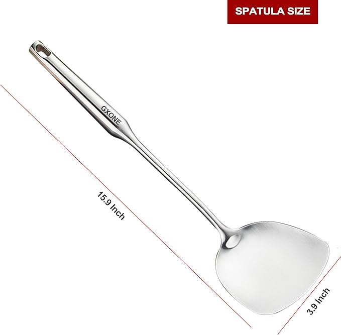 Wok Spatula Stainless Steel, Wide Metal Spatula with Hollow Long Handle Wok Utensils,Silver/14.7Inch