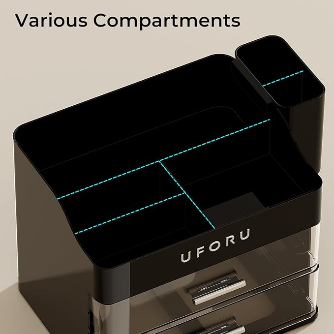Makeup Organizer for Vanity with Brush Holder, Countertop Skincare Organizer with 2 Drawers, Spacious Cosmetic Display Case for Perfumes, Cologne, Shaving Lotion