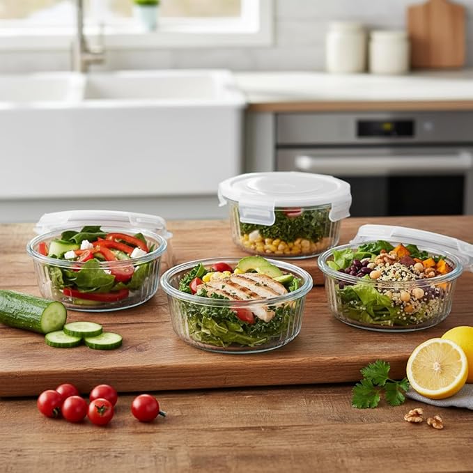 H.JSS WDJS 1.5 cup Round Glass Food Storage Containers with Lids, 12oz Small Glass Meal Prep Containers set, Heat-Resistant BPA-Free Round food bowl for Leftover. Microwave, Dishwasher & Freezer Safe