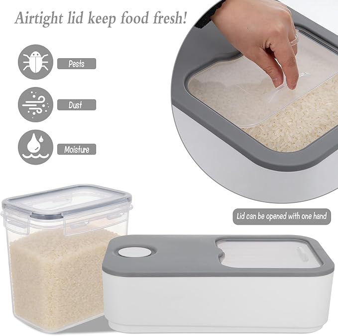 Rice Storage Container Set, 11 Lbs Plastic Airtight Rice Dispenser with Measuring Cup Dry Food Pantry Organizer Storage Bucket Box with Lid Food Container Kitchen Organizer for Grain Cereal