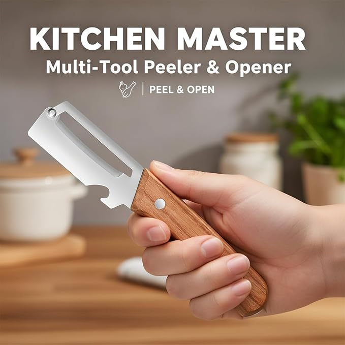 Sakerplus Multifunctional Vegetable Peeler,Multi Functional Premium Vegetable Peeler with Wooden Handle and Bottle Opener,Stainless Steel Blade Kitchen Tool (5)