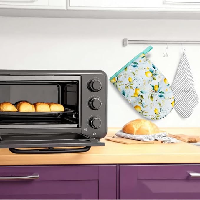 Lemon Oven Mitts, High Heat Resistant Kitchen Oven Gloves, Mini Silicone Oven Mitts, Non-Slip Grip Surfaces and Hanging Loop for Grilling, Baking, Cooking and Microwave, Gift