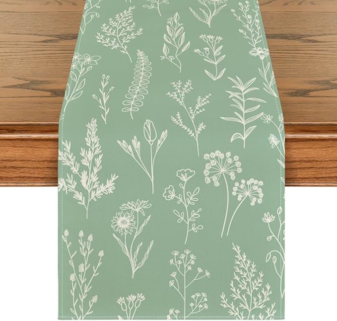 Artoid Mode Sage Green Leaves Flowers Spring Table Runner, Seasonal Kitchen Dining Table Decoration for Home Party Decor 13x72 Inch