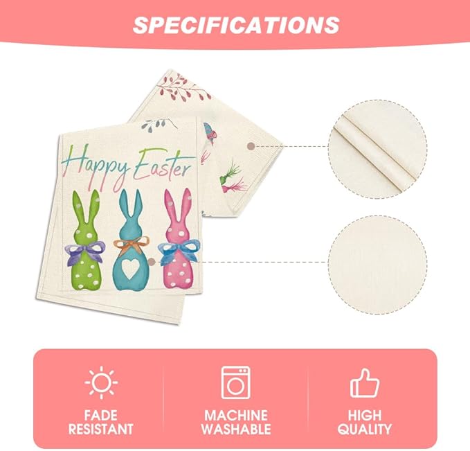 Artoid Mode Green Blue Pink Rabbit Bunny Happy Easter Table Runner, Seasonal Holiday Kitchen Dining Table Decoration for Home Party Decor 13 x 108 Inch