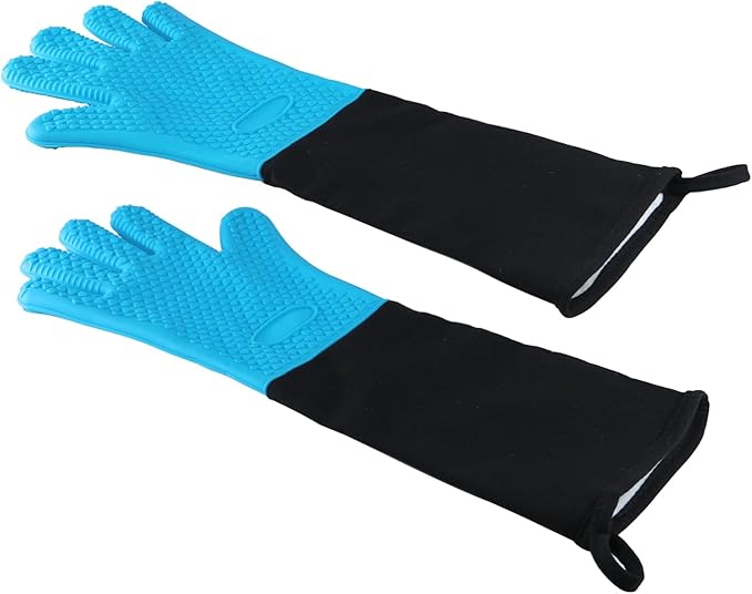 1 Pair Extra Long Professional Oven Mitts, Non-Slip Silicone Grip Heat Resistant,19.7" Length,Up to 572℉ for BBQ Cooking Baking Grilling (Blue)