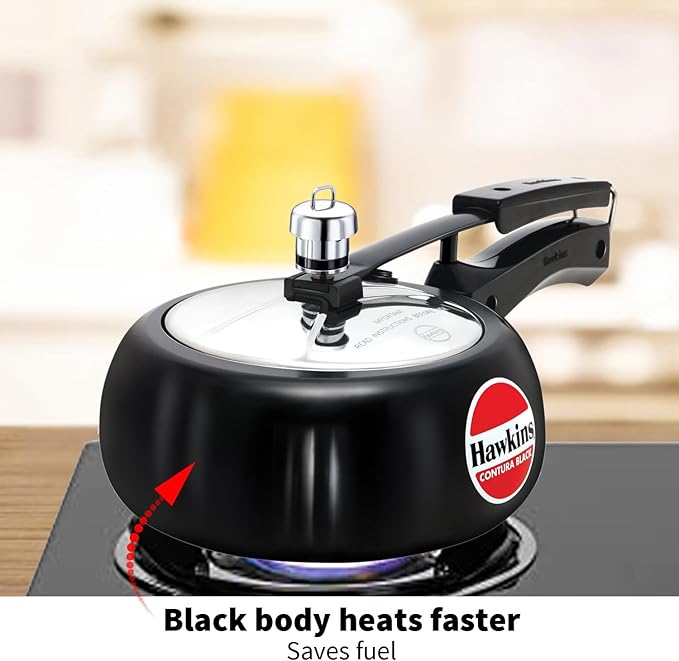Hawkins 2 Litre Contura Black Pressure Cooker, Hard Anodised Inner Lid Cooker, Handi Cooker, Small Cooker, Black (CB20)