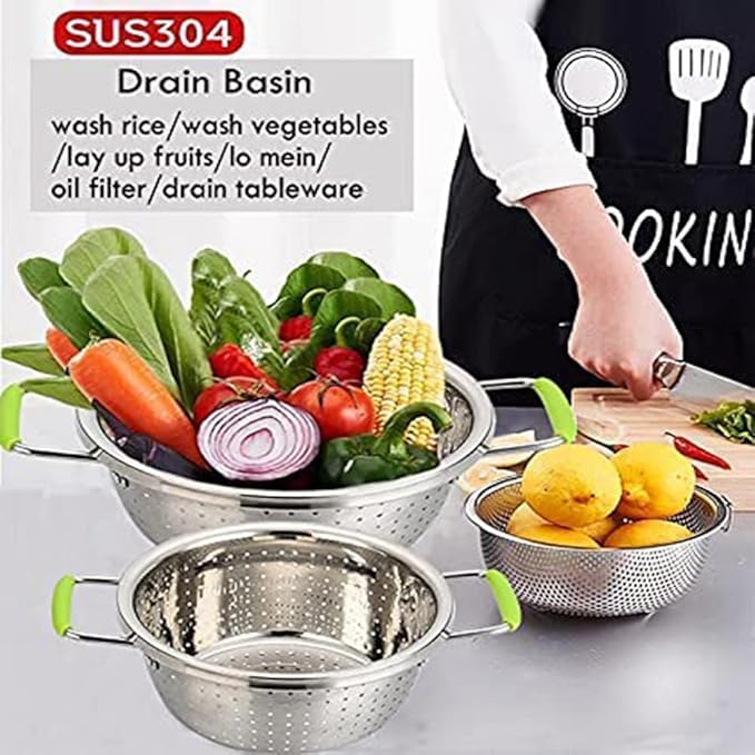 Stainless Steel Deep Colander Micro-perforated 2.5 Quart Metal Food Strainer with Green Silicone Handles for Draining Pasta Cleaning Food like Fruit