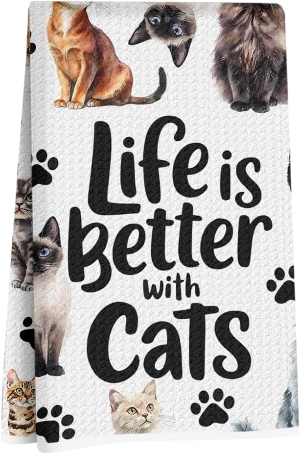 Jztco Cute Cat Kitchen Towels, Floral Cats Gifts Reusable Hand Tea Towel, Waffle Dish Towels for Kitchen Home Bathroom Decor, Cat Lover Gifts for Women Mom 24x14 Inch
