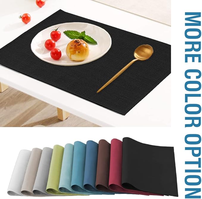 H.VERSAILTEX Linen Placemats Set of 8 Premium Solid Table Placemats for Dining Table Spill-Proof Waterproof Table Mats Heat-Resistant Kitchen Table Mats Washable, 12x18 inches, Black