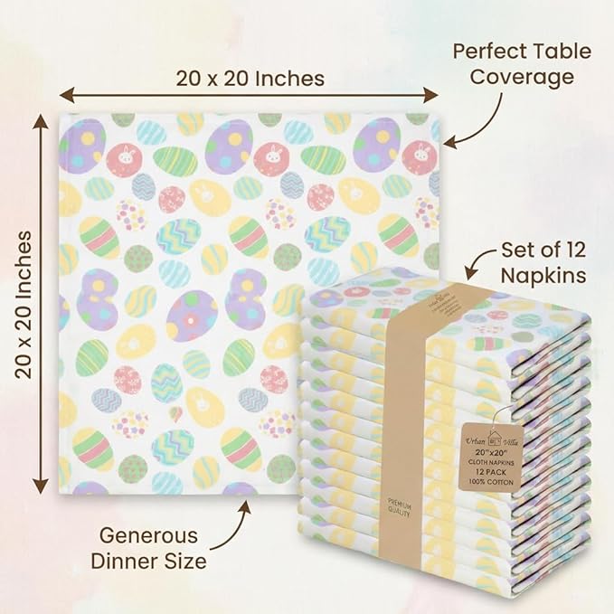 Urban Villa Easter Cloth Napkins 100% Cotton Dinner Napkins Set of 12(20x20)Highly Absorbent Soft Durable Washable Reusable Ideal for Easter Decorations Restaurant Wedding Farmhouse Parties- Egg Print