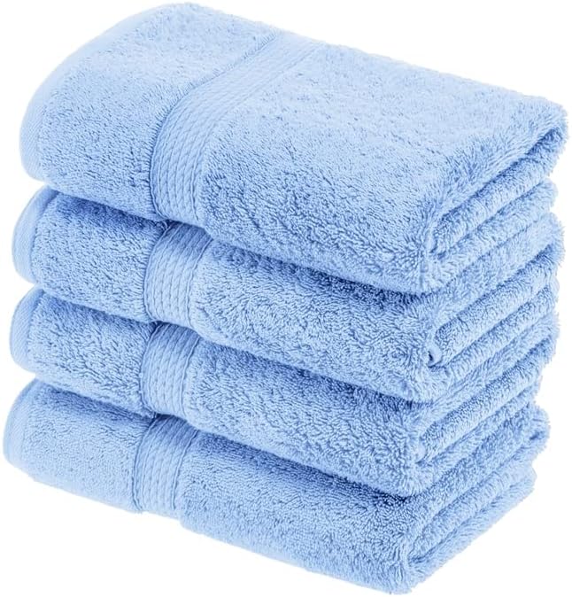 SUPERIOR Egyptian Cotton Pile Hand Towel Set of 4, Ultra Soft Luxury Towels, Thick Plush Essentials, Absorbent Heavyweight, Guest Bath, Hotel, Spa, Home Bathroom, Shower Basics, Light Blue